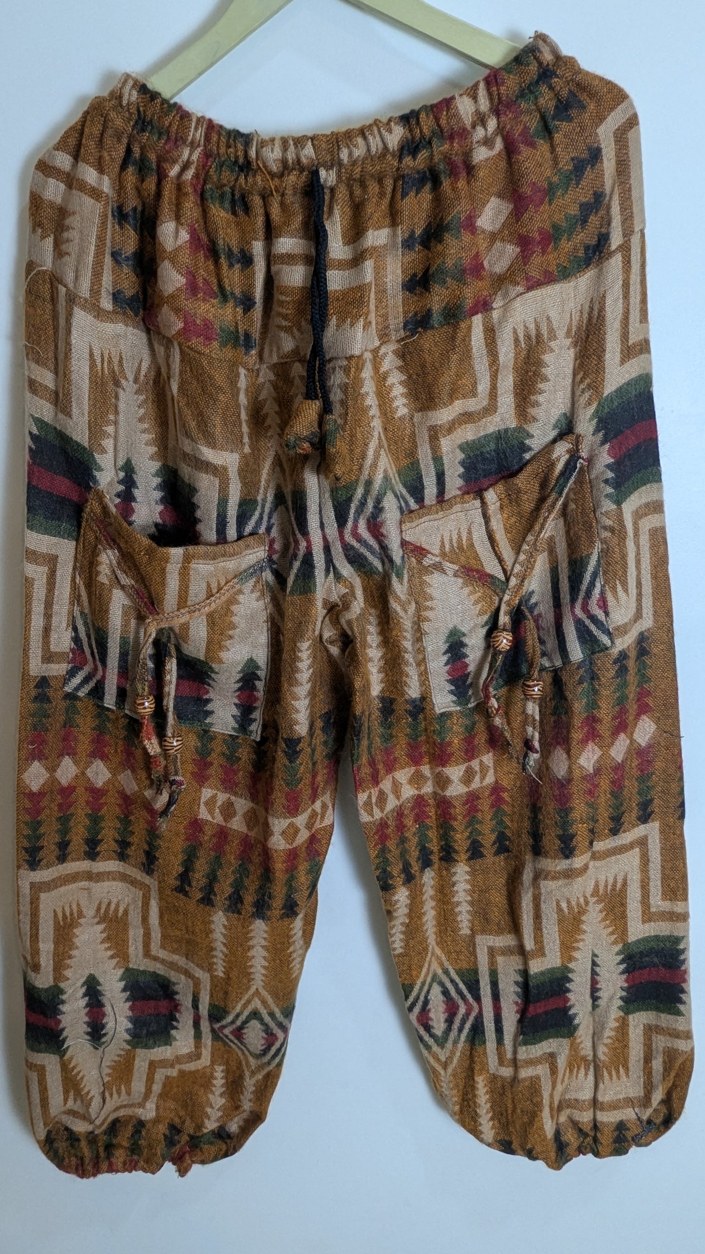 Mystic Meadow Woolen Harem Pants – Forest Green Floral & Tribal Fusion