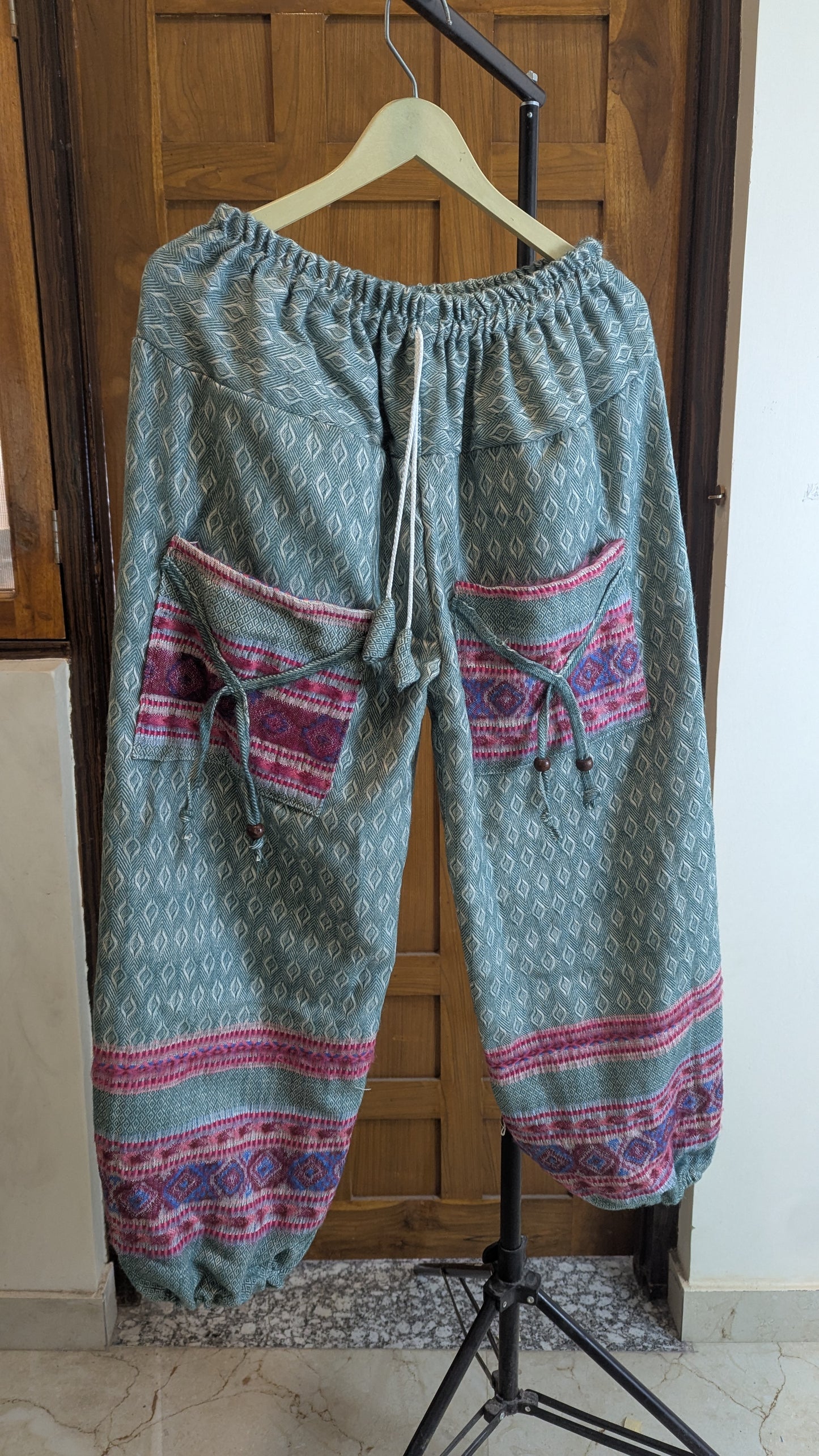 Nomad’s Journey Woven Gheri Harem Pants – Sage Green & Tribal Border