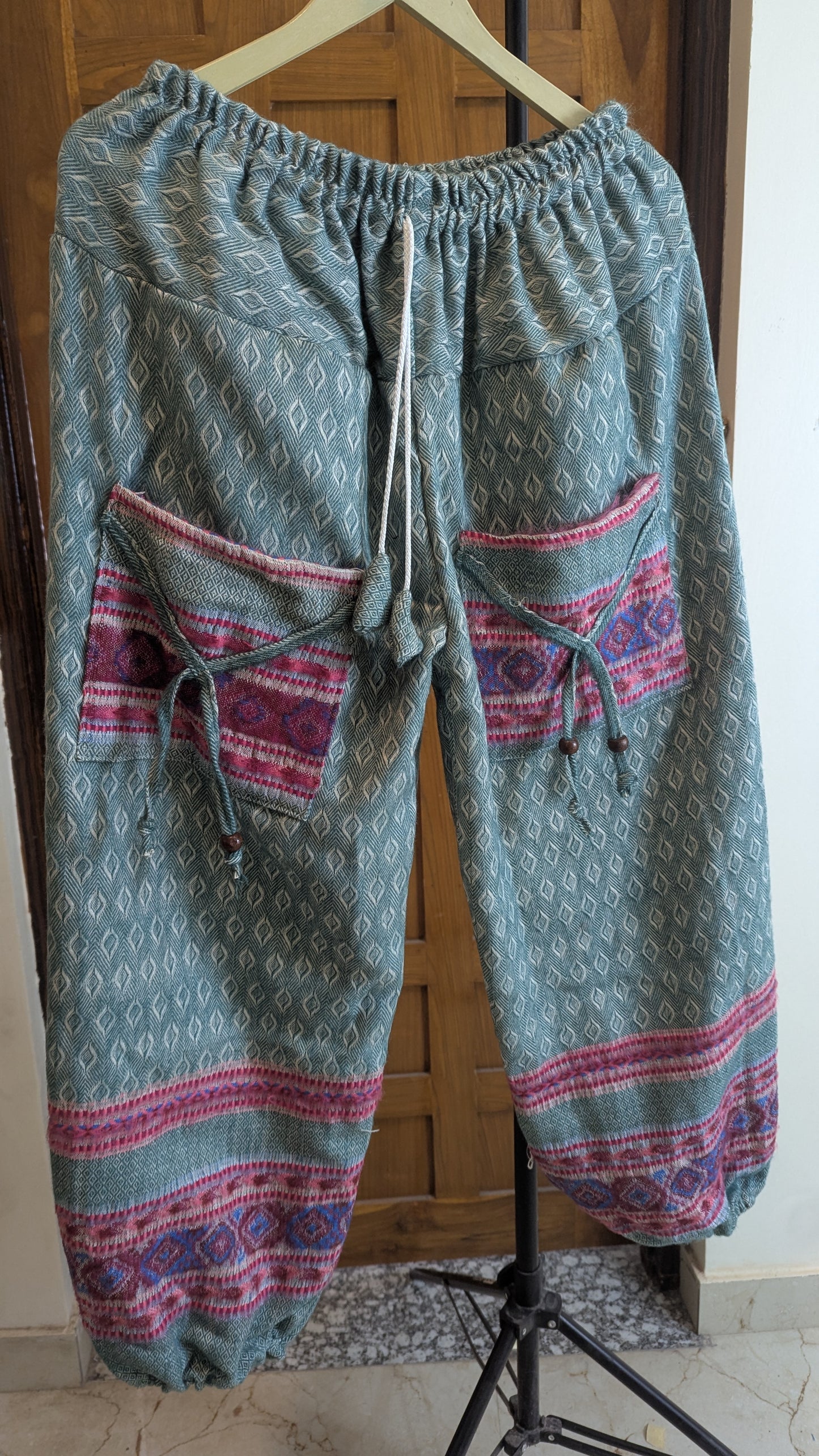 Nomad’s Journey Woven Gheri Harem Pants – Sage Green & Tribal Border