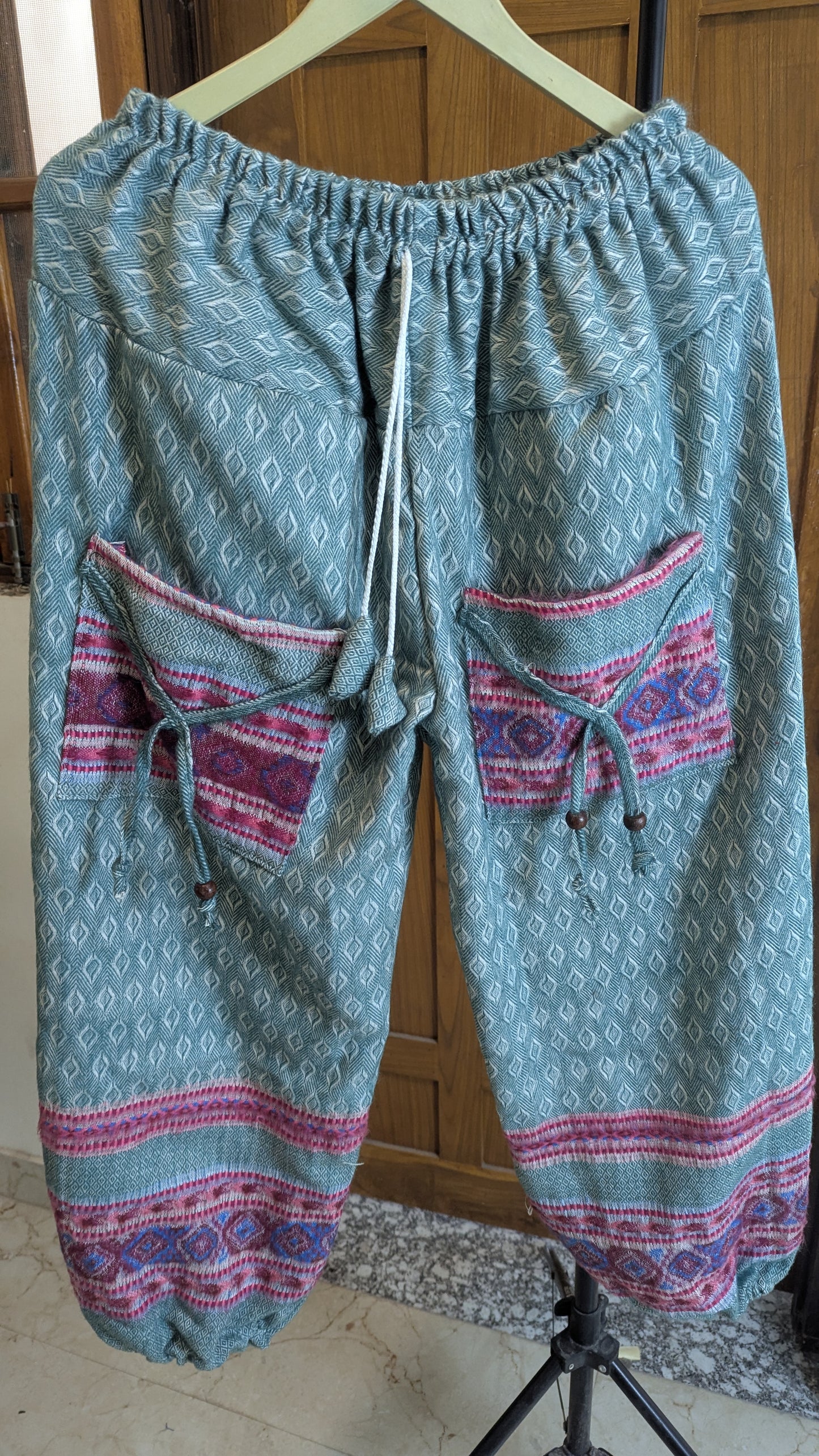 Nomad’s Journey Woven Gheri Harem Pants – Sage Green & Tribal Border