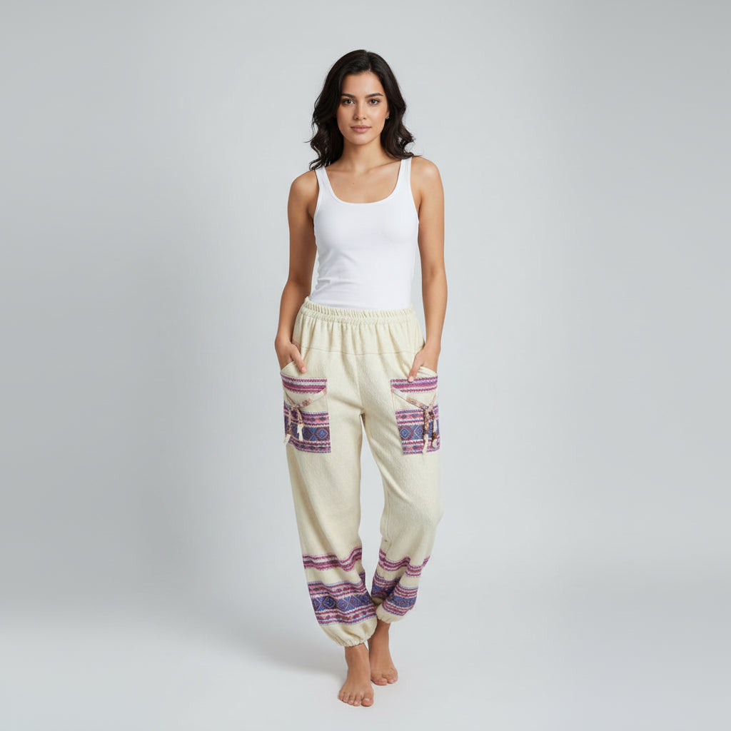 Woman wearing a white tank top and cream-colored pants with purple patterns on a gray background