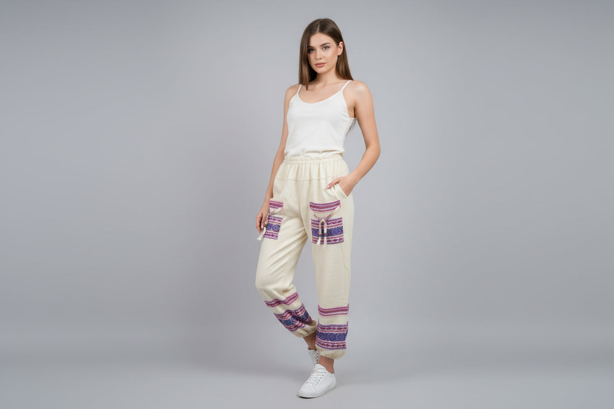 Himalayan Zen Woven Gheri Joggers – Natural Cream with Indigo & Magenta Accents