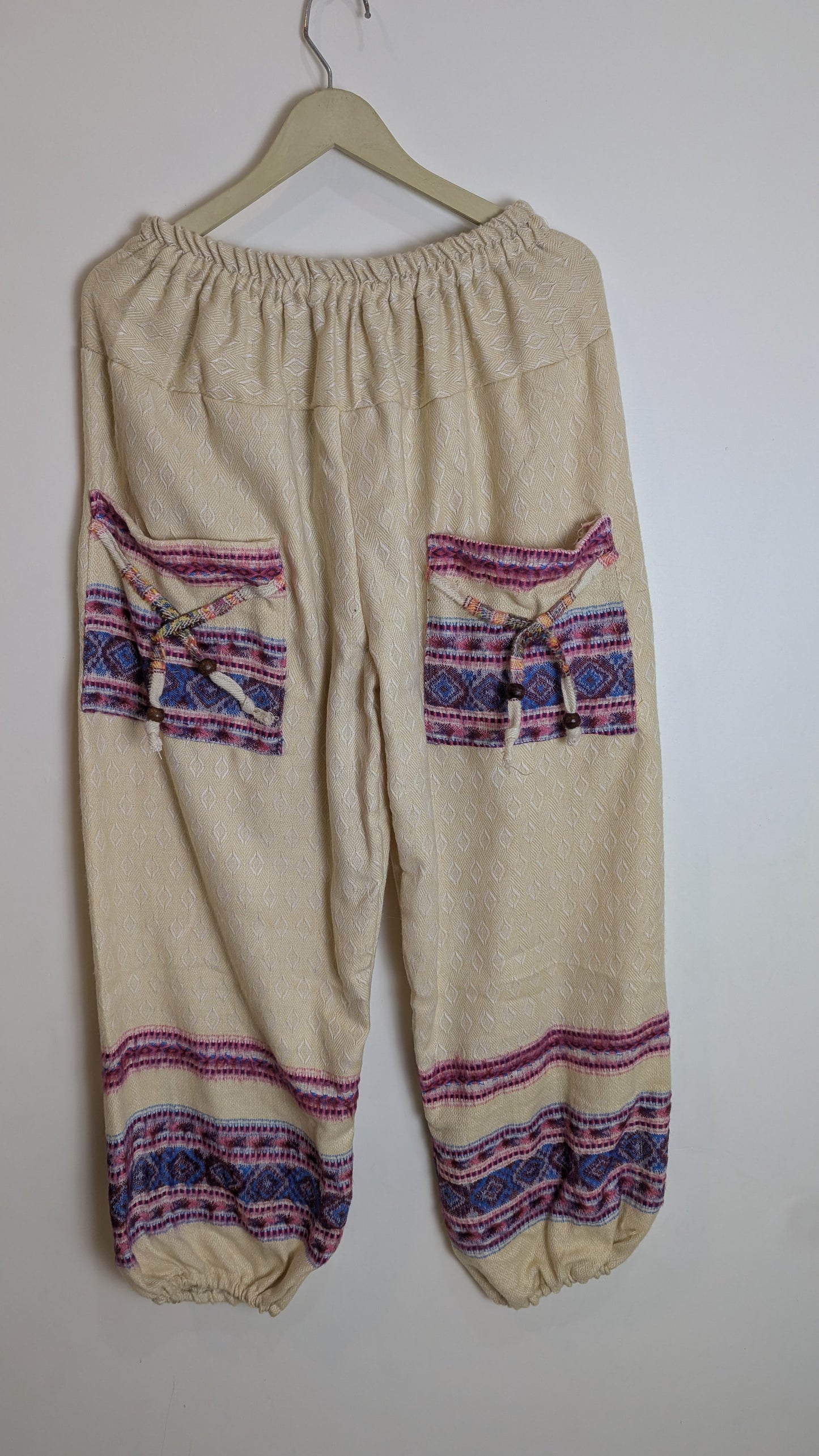 Himalayan Zen Woven Gheri Joggers – Natural Cream with Indigo & Magenta Accents