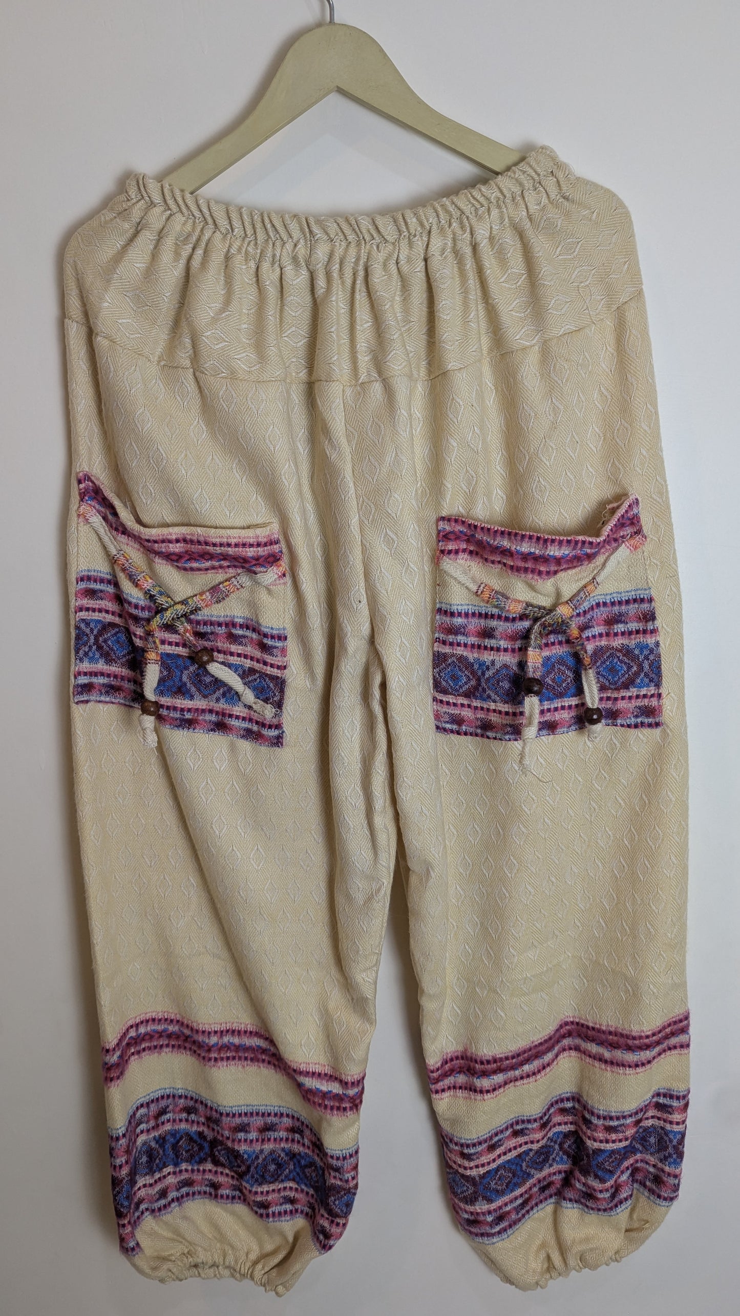 Himalayan Zen Woven Gheri Harem Pants – Natural Cream with Indigo & Magenta Accents