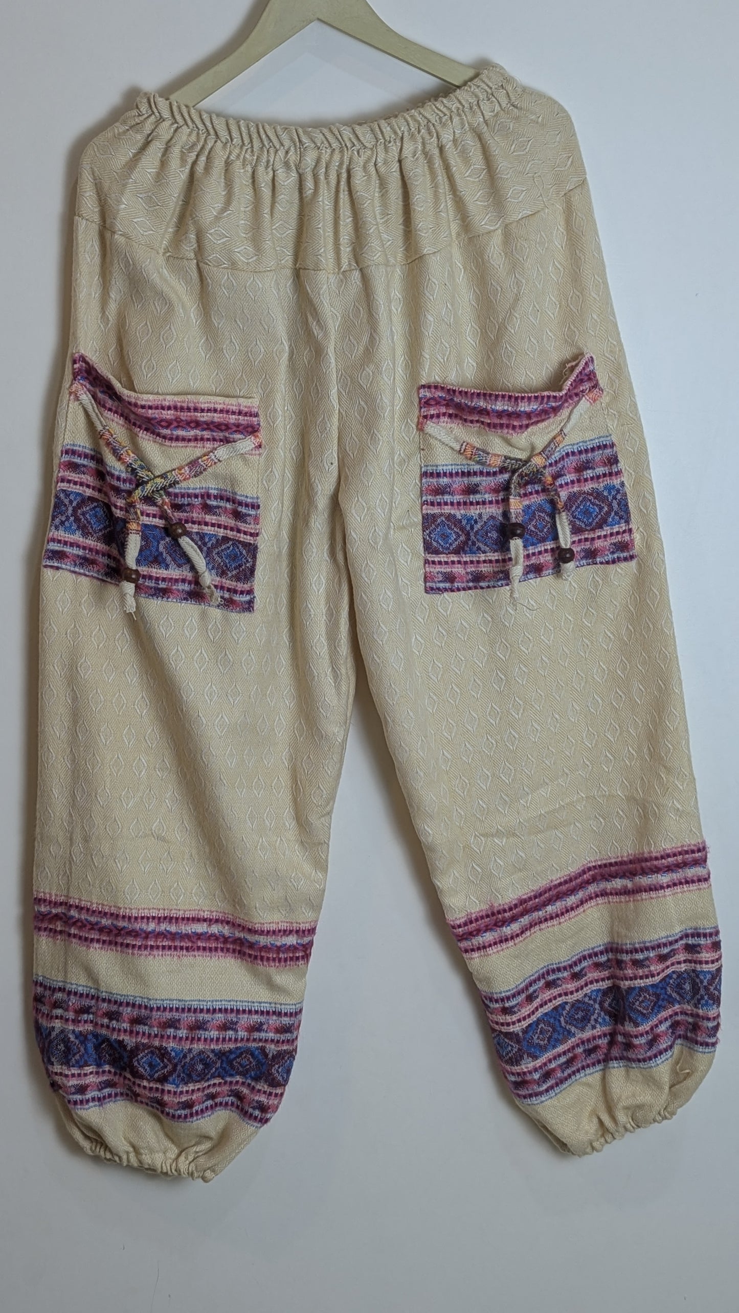 Himalayan Zen Woven Gheri Harem Pants – Natural Cream with Indigo & Magenta Accents