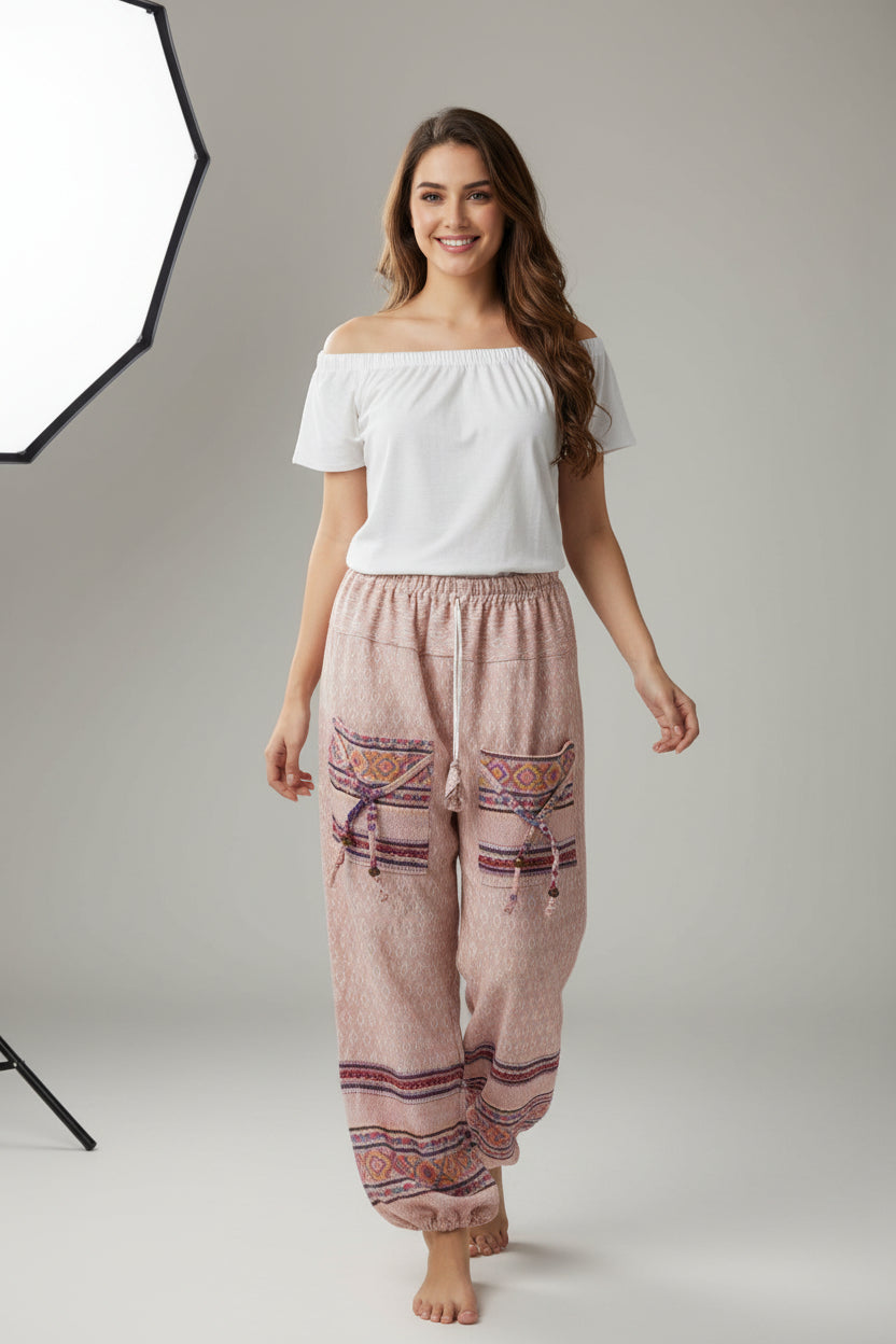 Artisan Woven Gheri Pajamas – Hand-Loomed Cotton Joggers with Tribal Embroidery