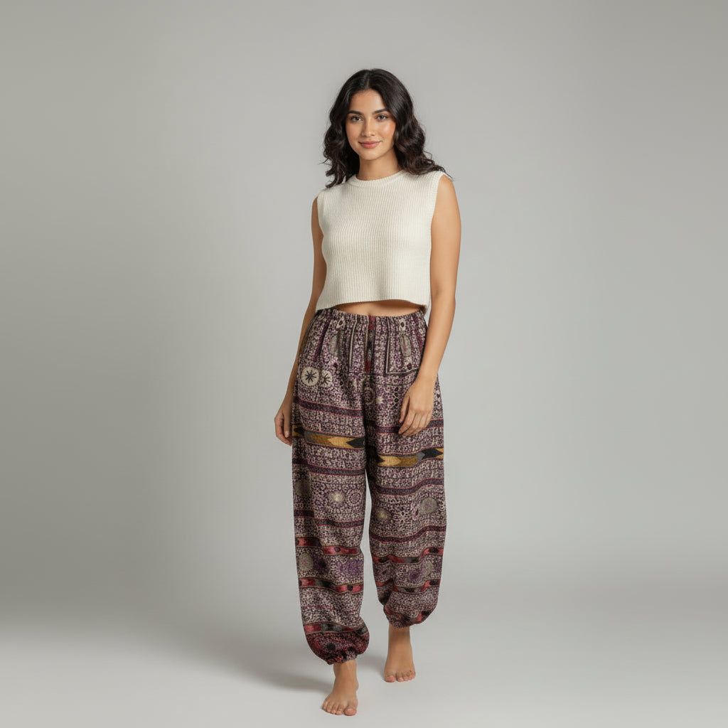 Woman wearing a sleeveless top and patterned pants on a plain background