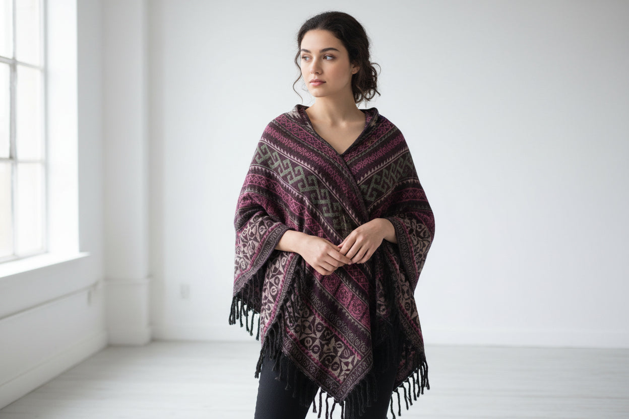 Patterned poncho with fringes on a white background