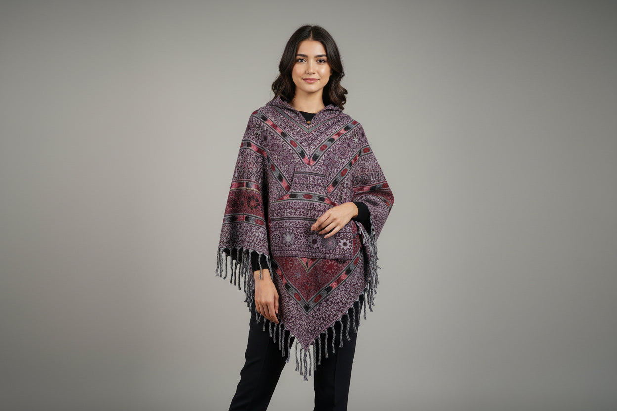 Woman wearing a patterned poncho against a gray background