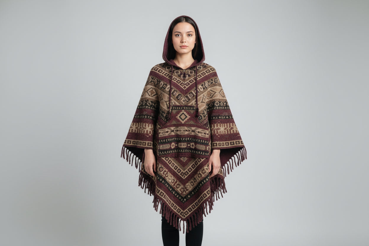 Person wearing a patterned poncho on a white background