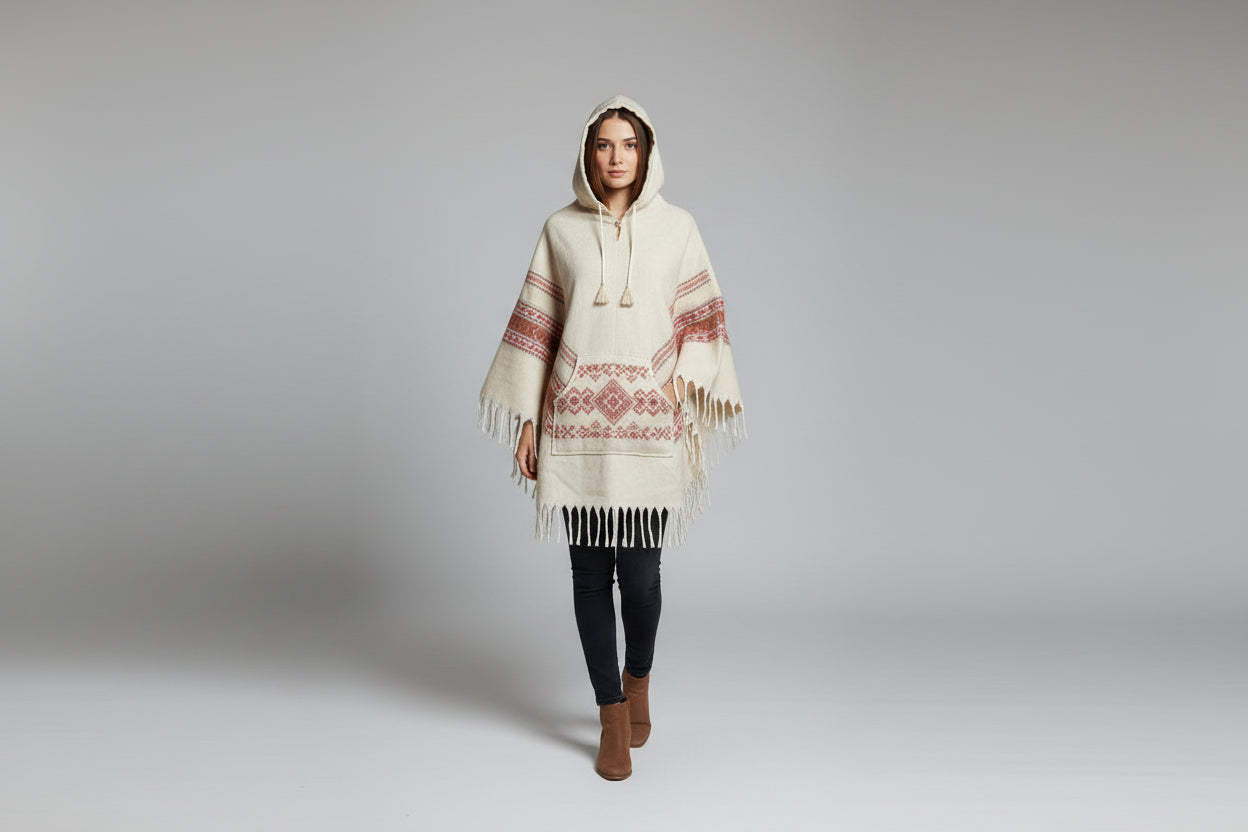 Woman wearing a cream-colored hooded poncho with red patterns on a gray background