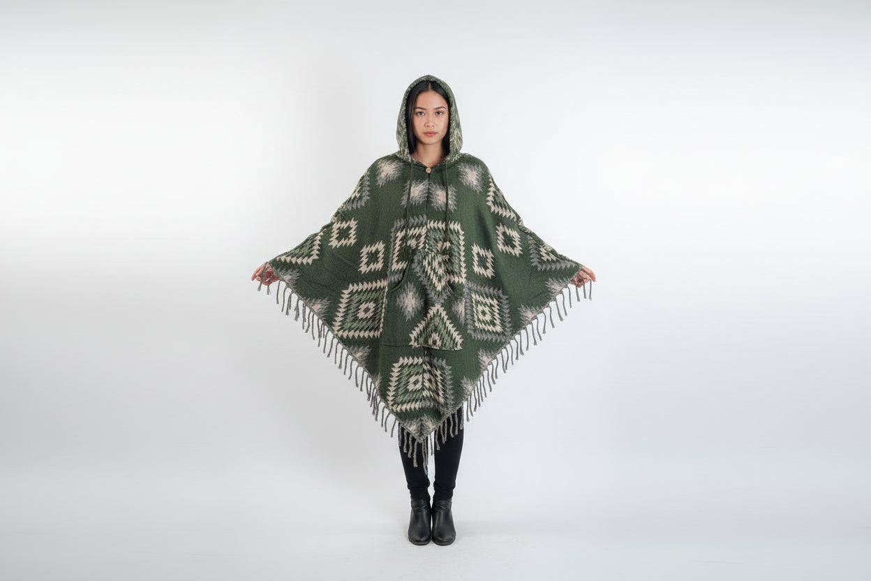 Woman wearing a green patterned poncho on a white background