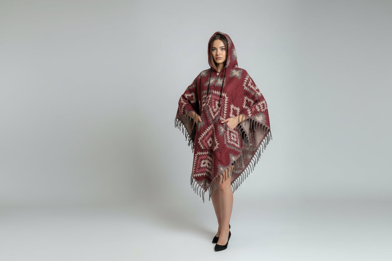 Woman wearing a patterned poncho on a white background