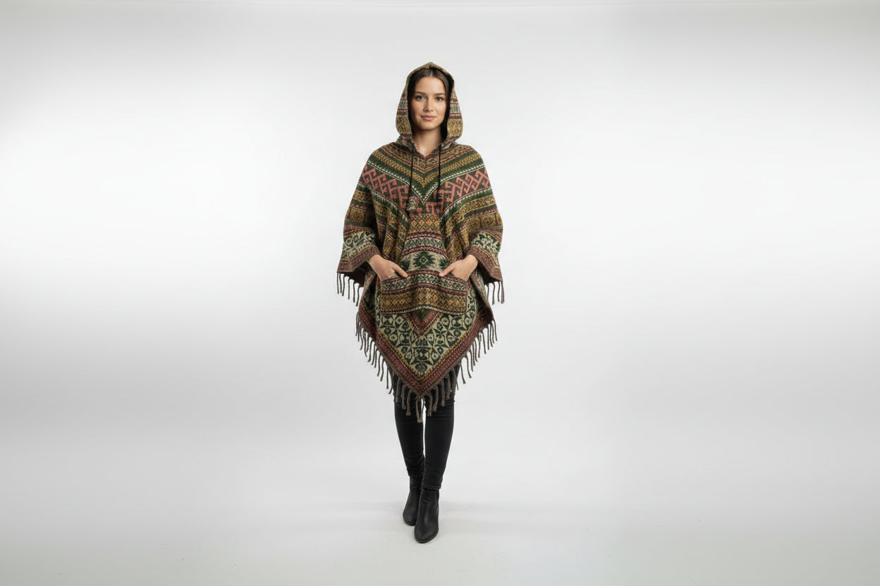 Woman wearing a patterned poncho with fringes on a white background