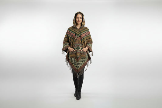 Woman wearing a patterned poncho with fringes on a white background
