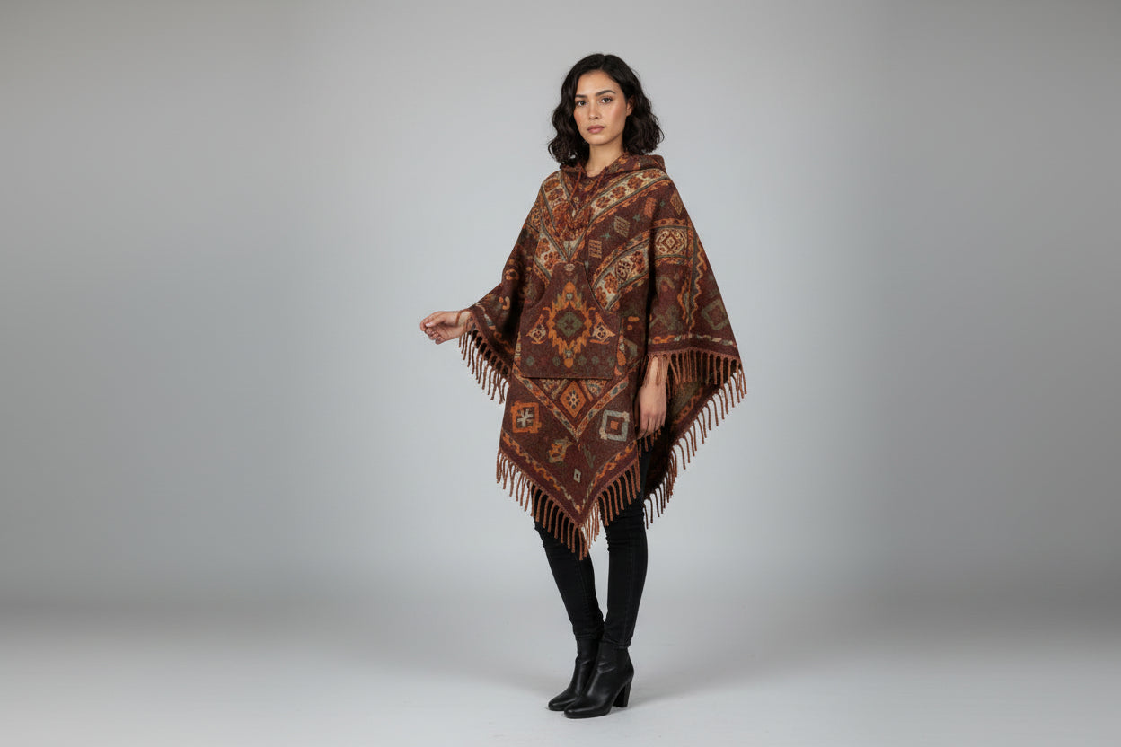 Woman wearing a patterned poncho on a gray background