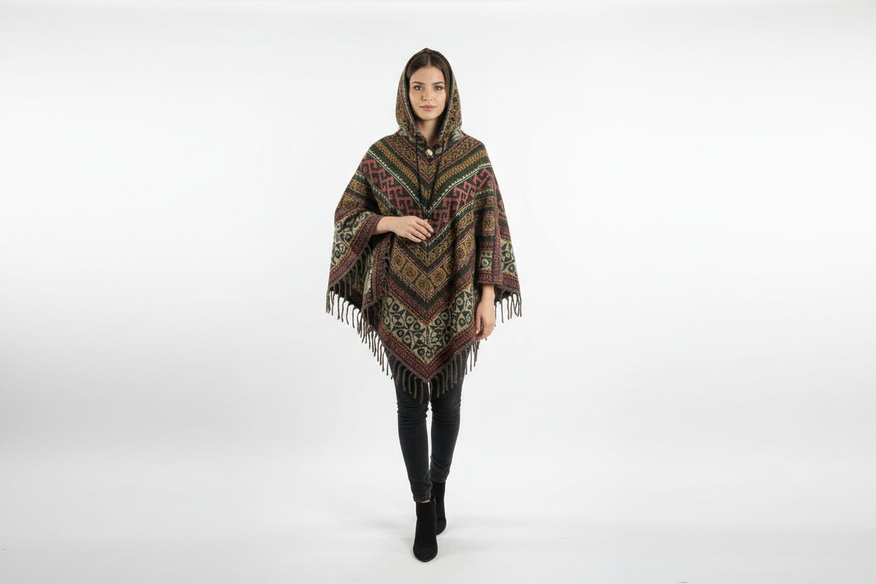 Woman wearing a patterned poncho with fringes on a white background