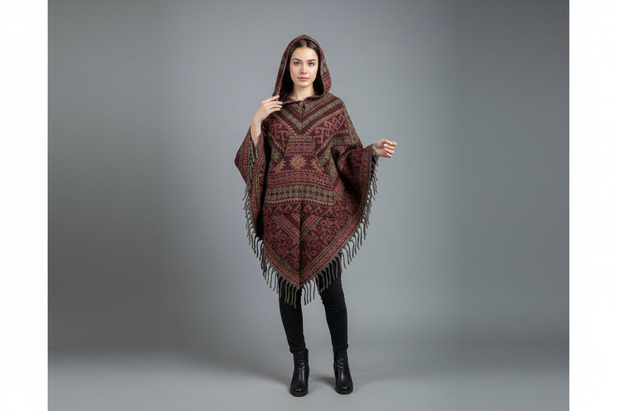 Woman wearing a patterned poncho against a gray background