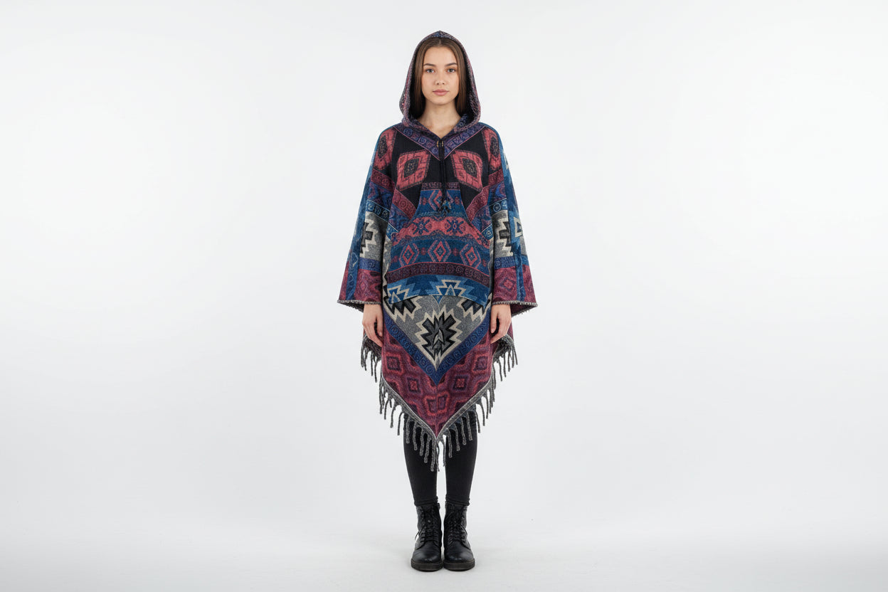 Woman wearing a patterned poncho on a white background