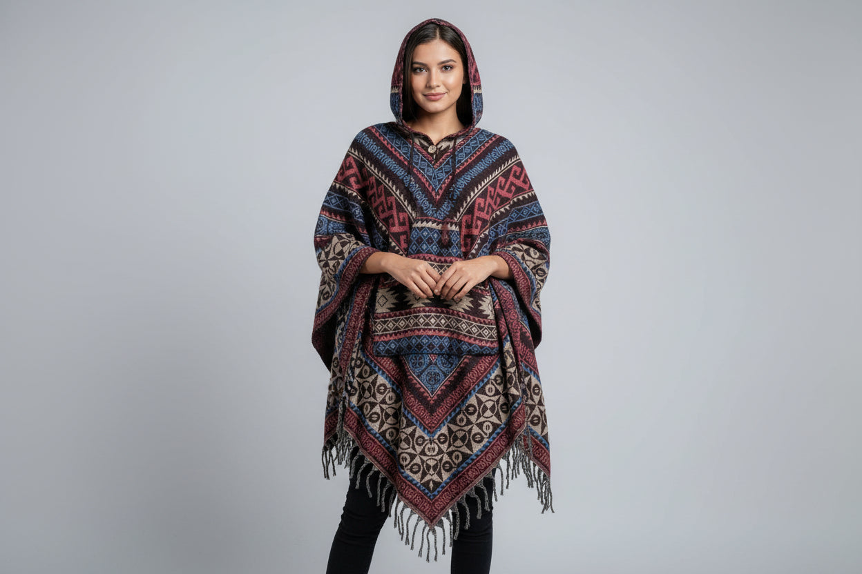 Woman wearing a patterned poncho against a gray background