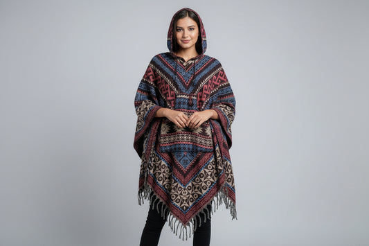 Woman wearing a patterned poncho against a gray background