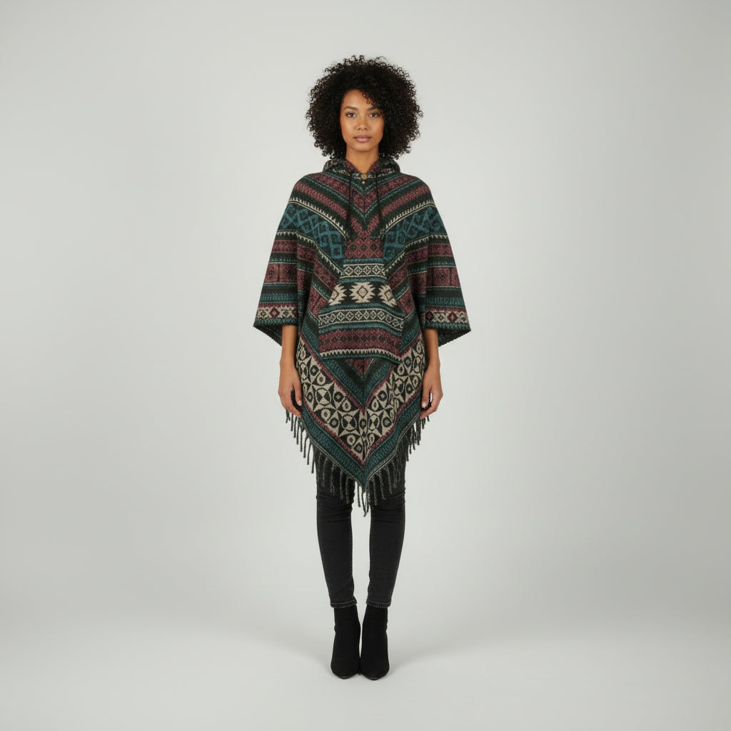 Woven poncho with geometric pattern hanging on a white wall