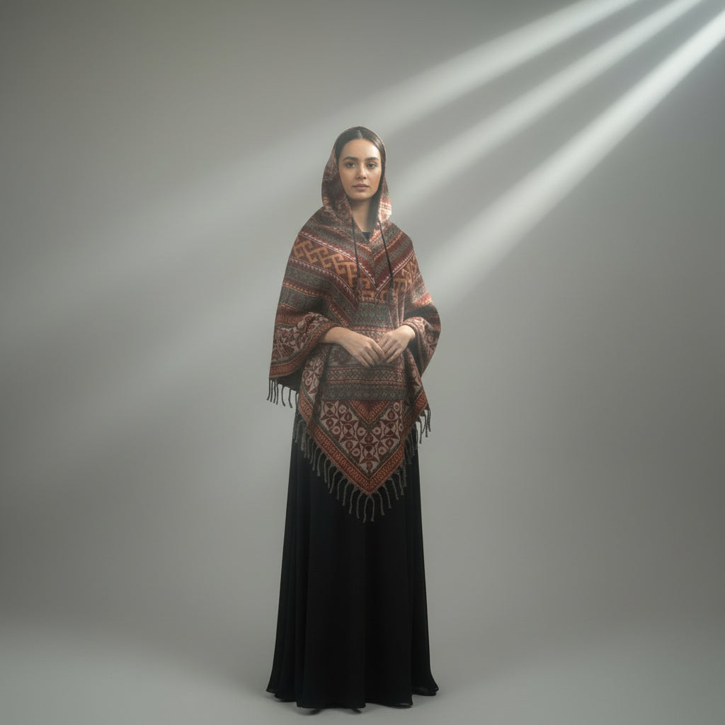 Patterned shawl with fringes hanging on a white wall.