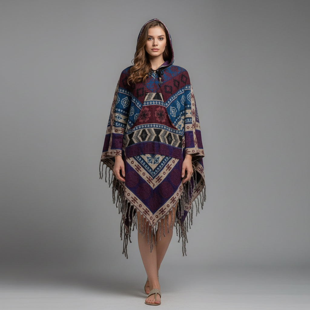 Colorful patterned poncho with fringes hanging on a white wall