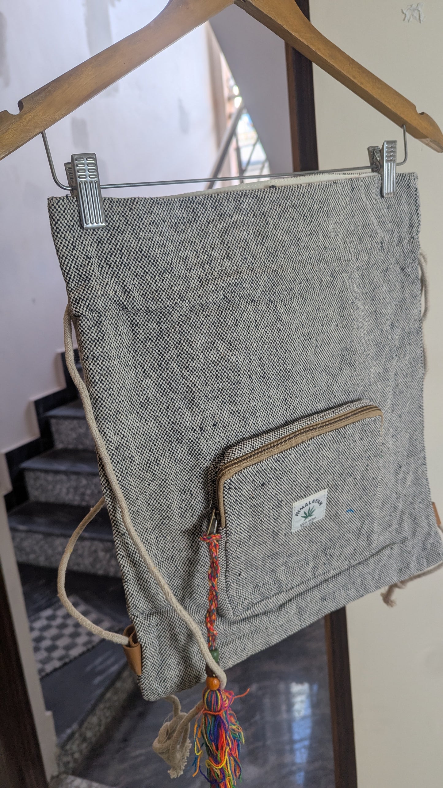 Sustainable Himalayan Hemp Drawstring Backpack – Natural Grey with Rainbow Tassel