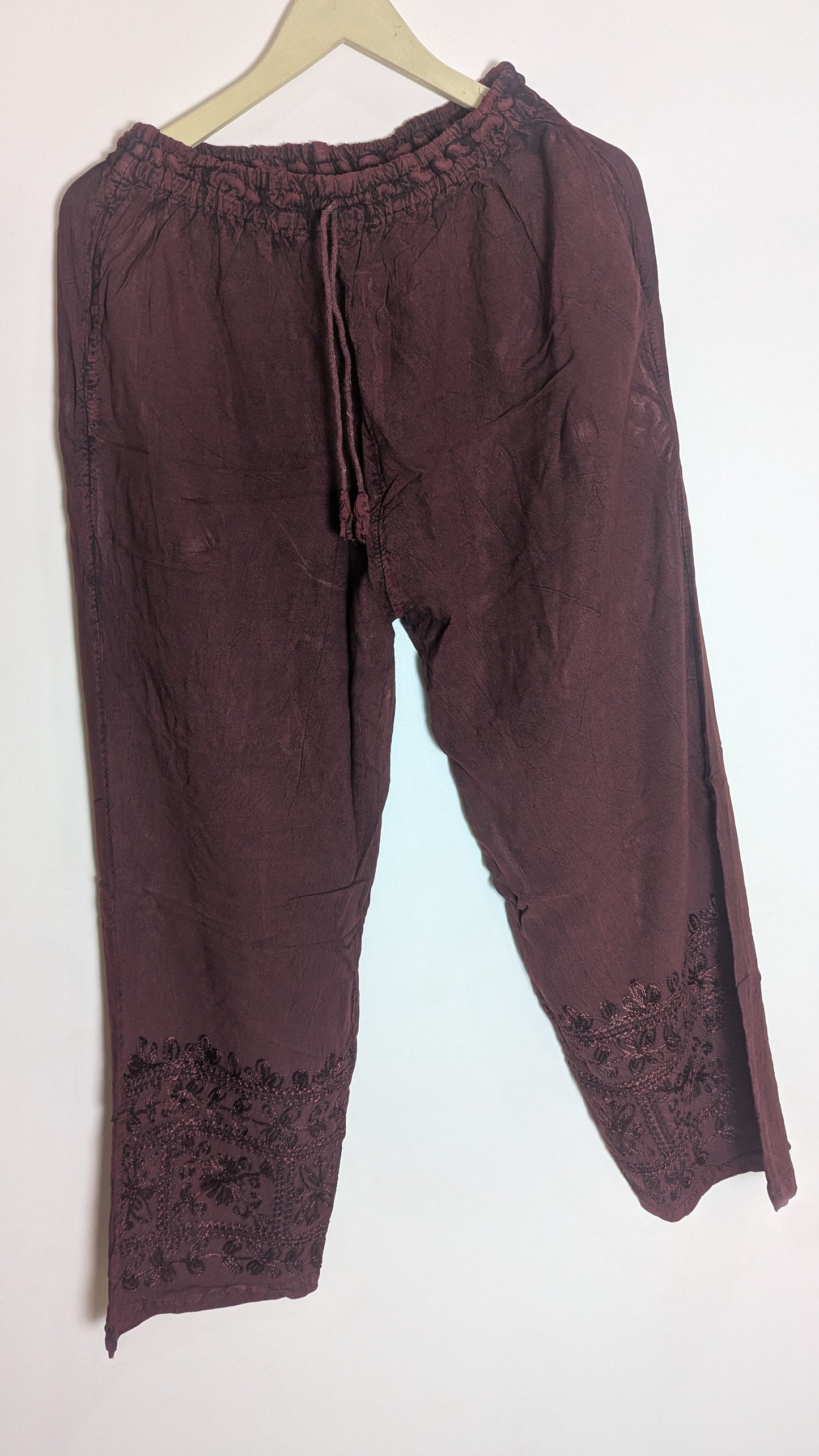 Sacred Sangria Lounge Pants – Deep Wine Embroidered Cotton