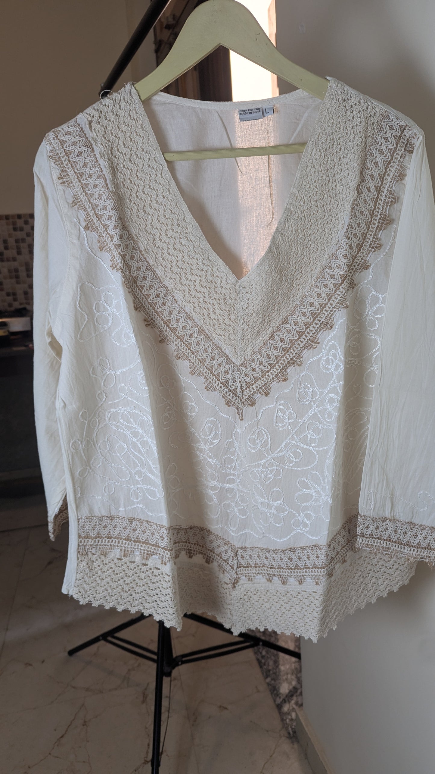 Hand-Embroidered Cotton Kurti with Artisan Crochet