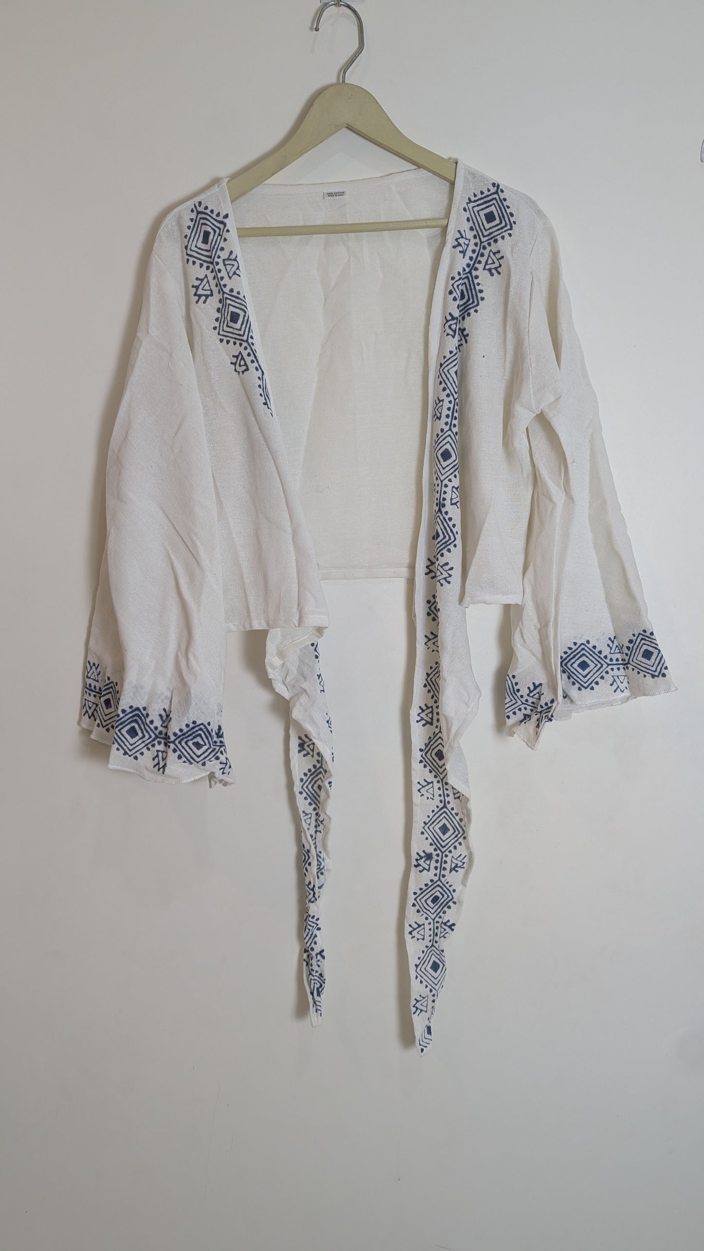 Indra Blue Geometric Co-ord Set: Tie-Front Crop Top & Wrap-Style Wide-Leg Trousers