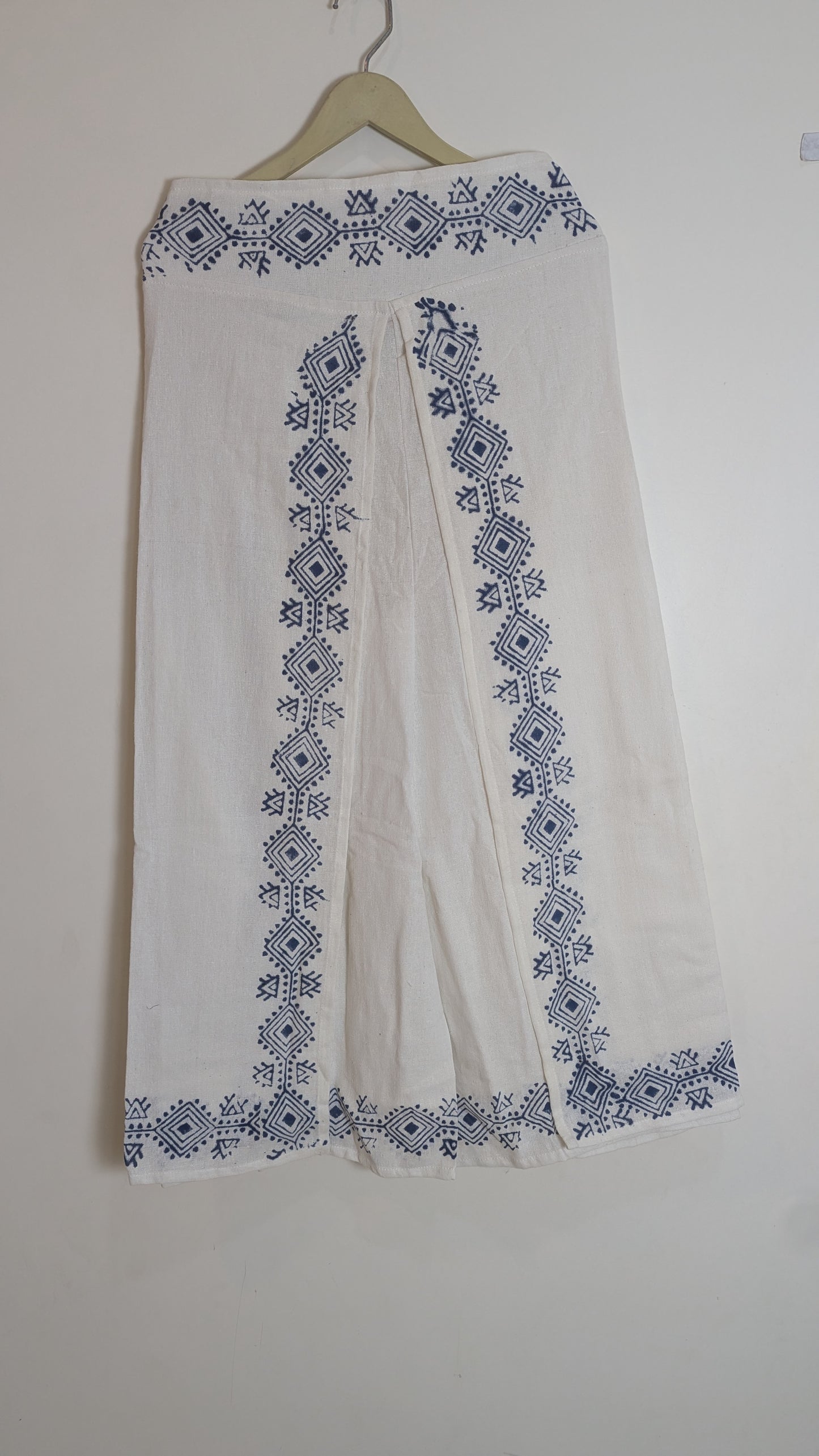 Indra Blue Geometric Co-ord Set: Tie-Front Crop Top & Wrap-Style Wide-Leg Trousers