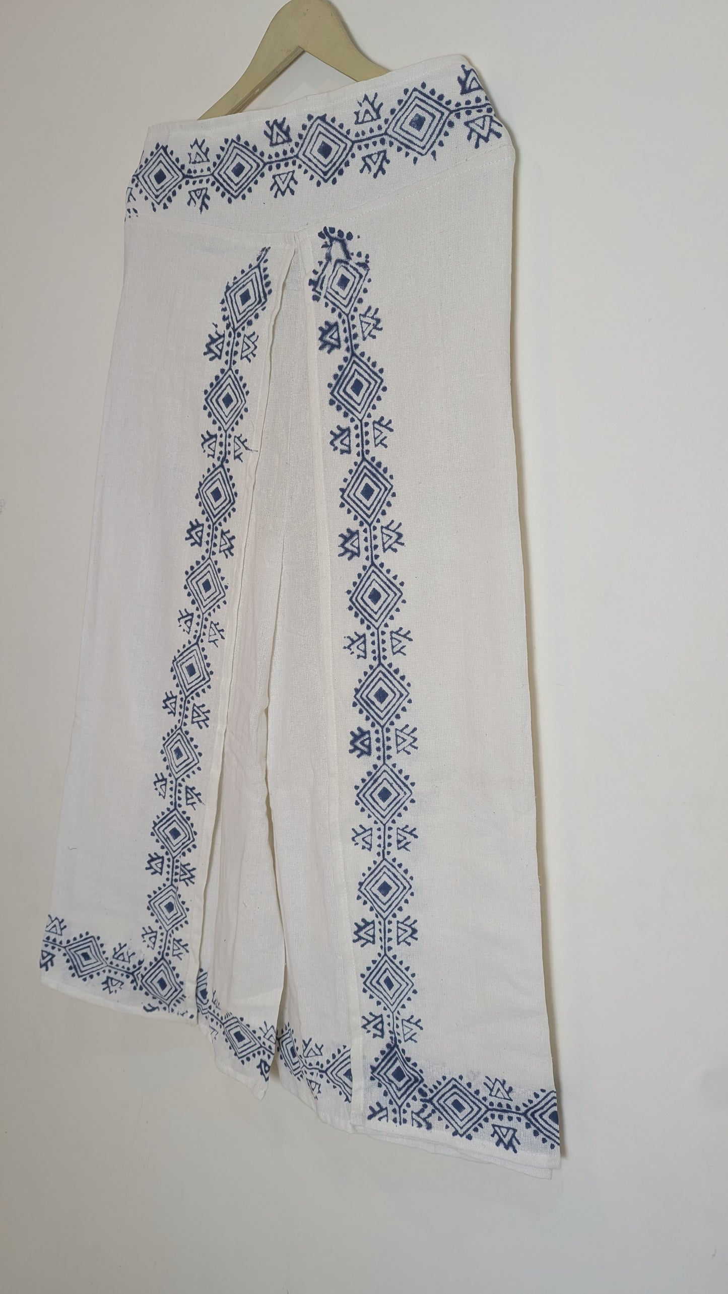 Indra Blue Geometric Co-ord Set: Tie-Front Crop Top & Wrap-Style Wide-Leg Trousers