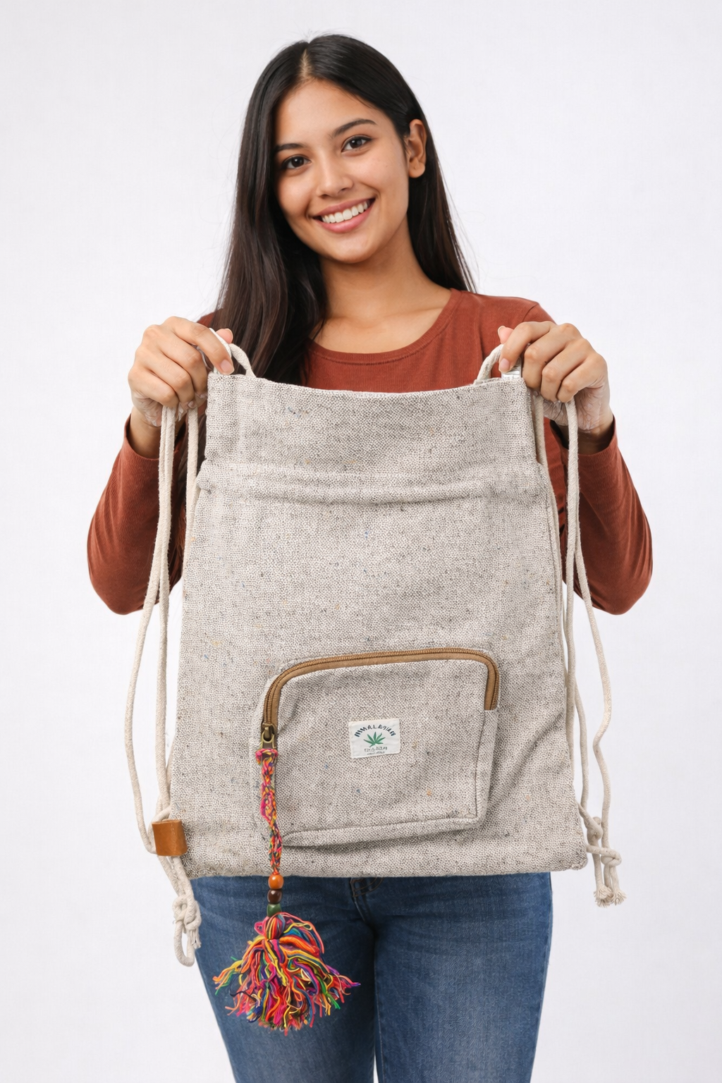 Handwoven Canvas Drawstring Backpack with Front Zipper Pocket & Tassel