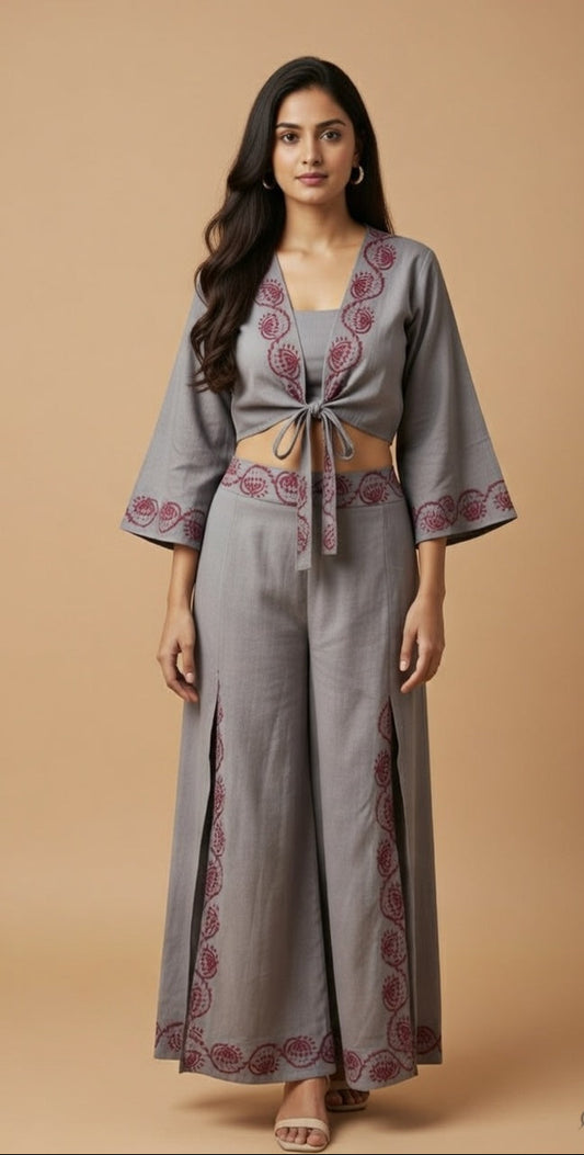 Ashraya Slate Co-ord Set: Charcoal Grey Hand-Block Wrap Top & Palazzo Set