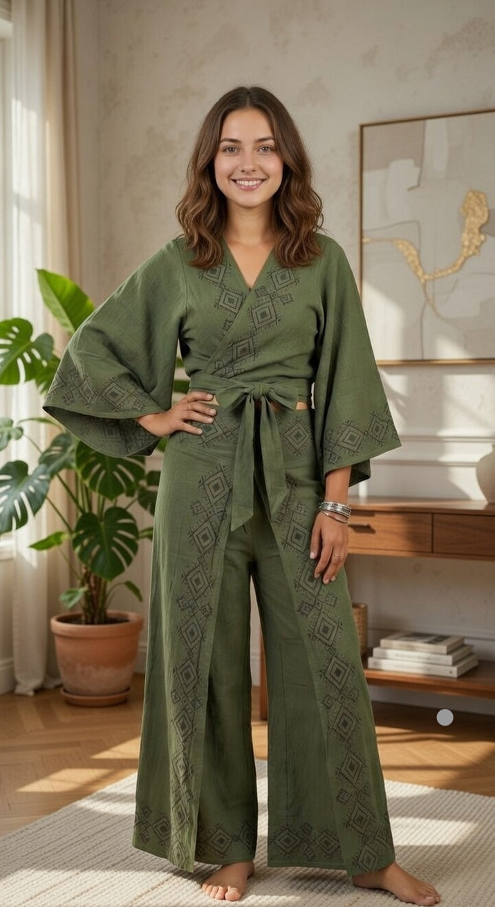 Woman wearing a green embroidered outfit in a room with plants and furniture.