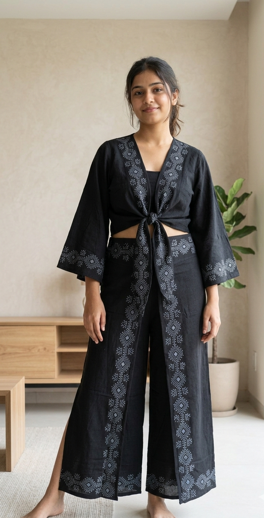 Woman wearing a black embroidered outfit standing in a room with a plant and wooden furniture.