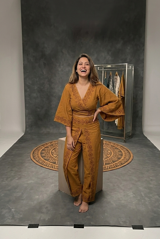 Artisanal Motif Mustard Linen-Blend Co-ord Set