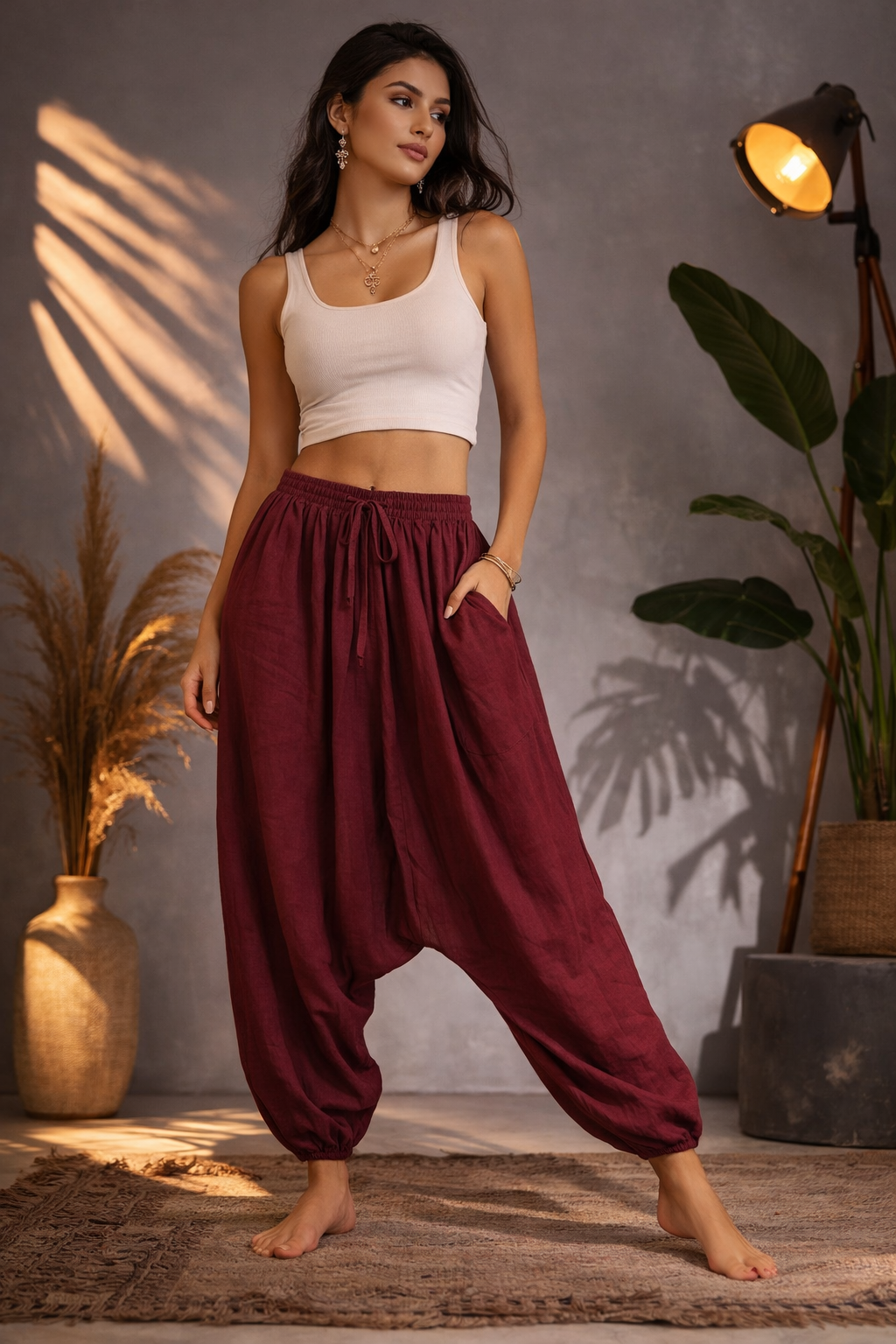 Nomad Maroon Harem Pants – Unisex Relaxed Travel & Yoga Trousers