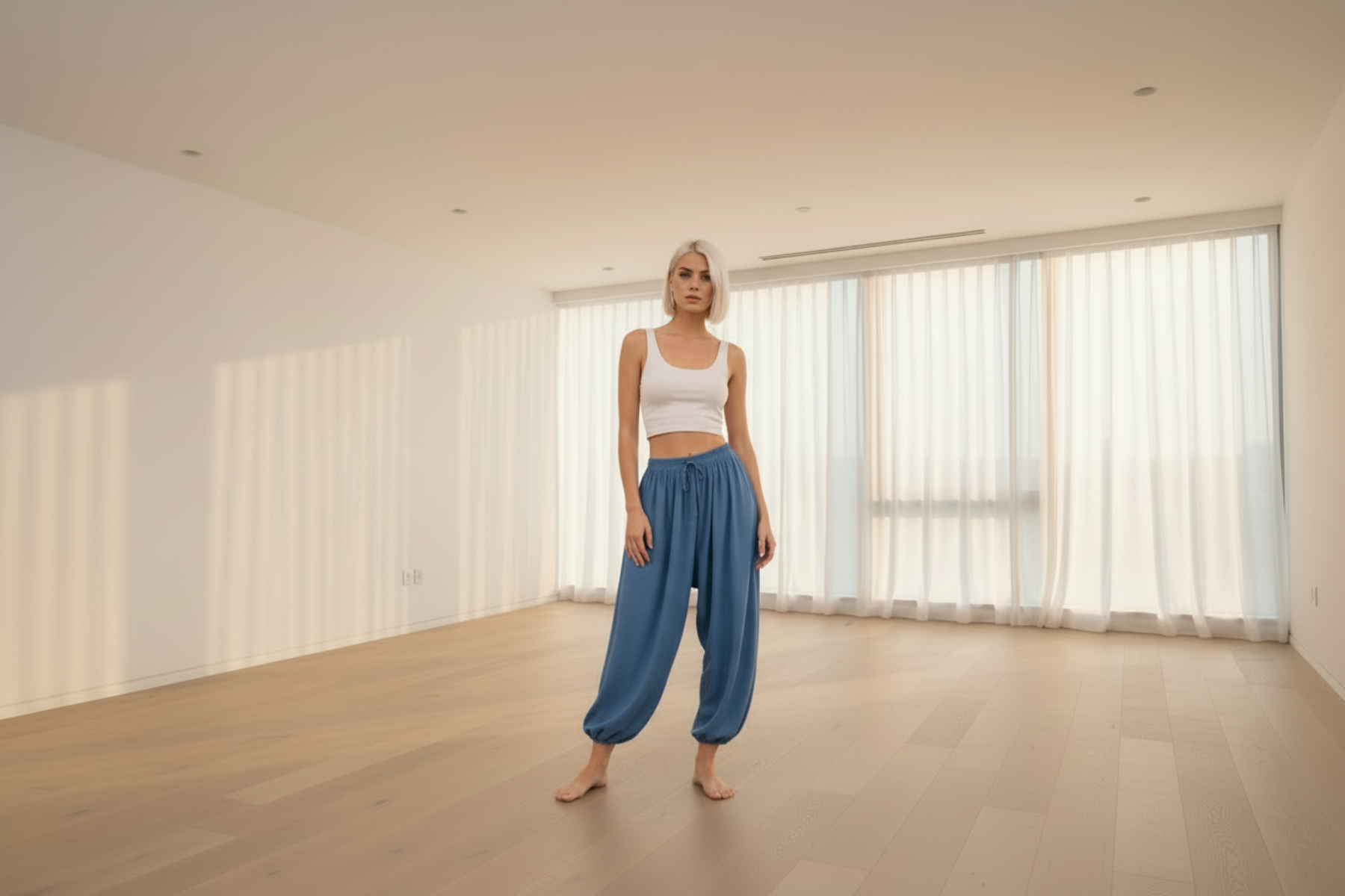 Woman in blue pants and white top standing by a body of water with mountains in the background