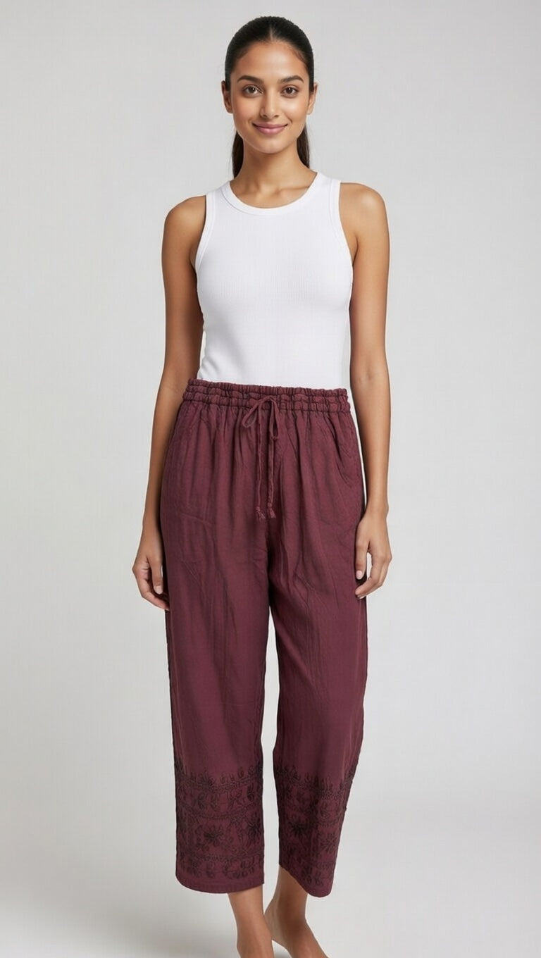 Sacred Sangria Lounge Pants – Deep Wine Embroidered Cotton