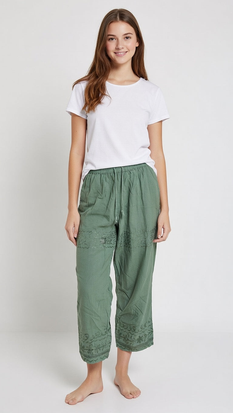 Women’s Stone Grey Boho Pajamas with Silver-Tone Embroidery