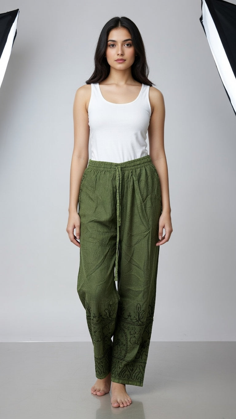 Women’s Embroidered Cotton Pajamas in Sage Green