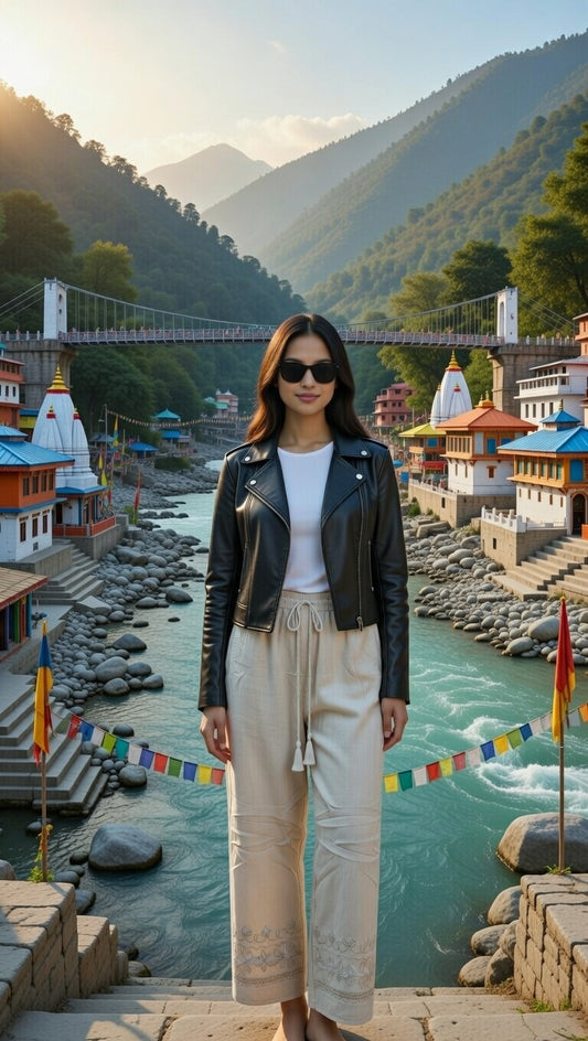 Women’s Stone Grey Boho Pajamas with Silver-Tone Embroidery