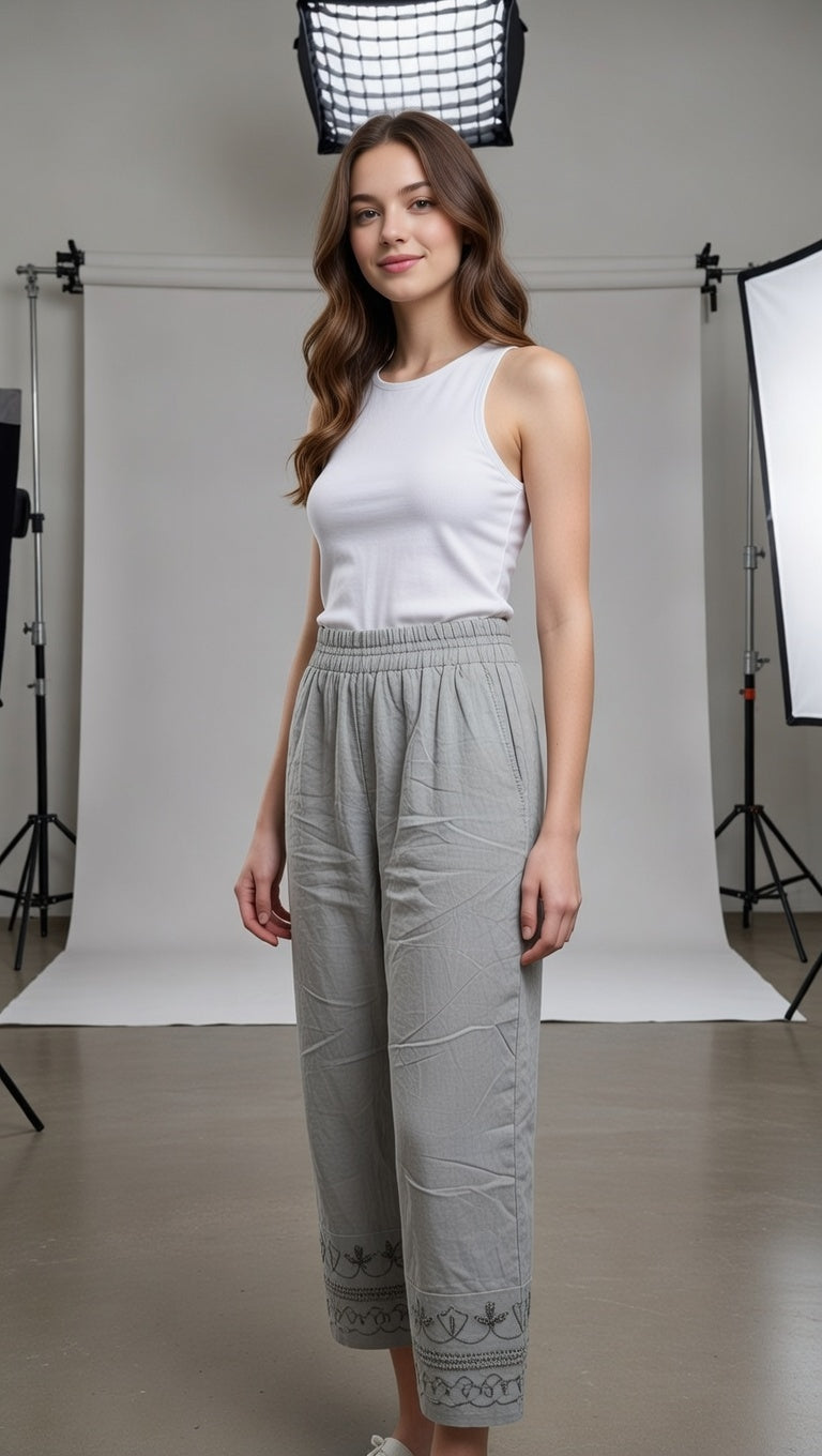 Morning Mist Lounge Pants – Natural Oat Embroidered Cotton