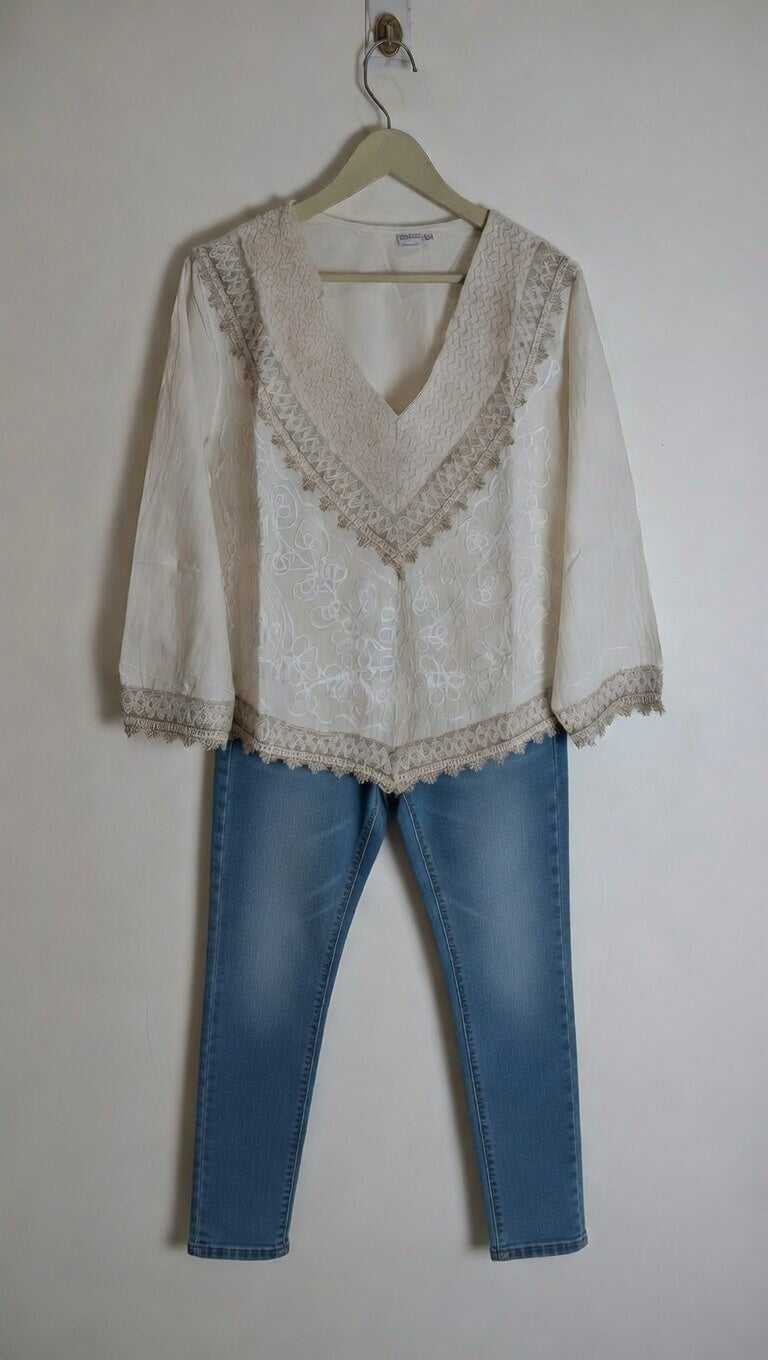 Hand-Embroidered Cotton Kurti with Artisan Crochet