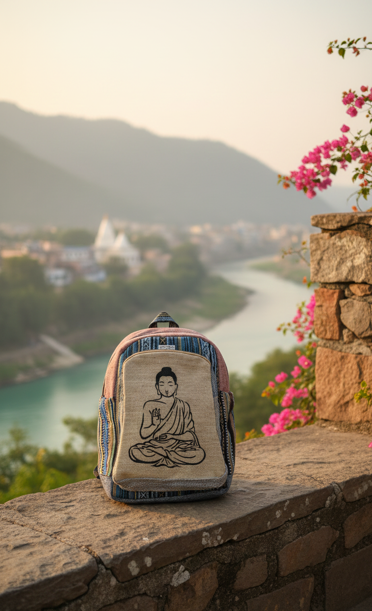 Backpack with Buddha design on a stone ledge overlooking a scenic landscape with mountains and a river.