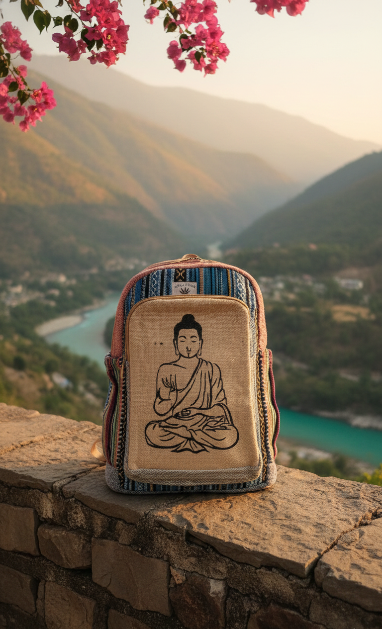 Handcrafted Buddha Zen Backpack – Natural Hemp with Rainbow Gheri Accents
