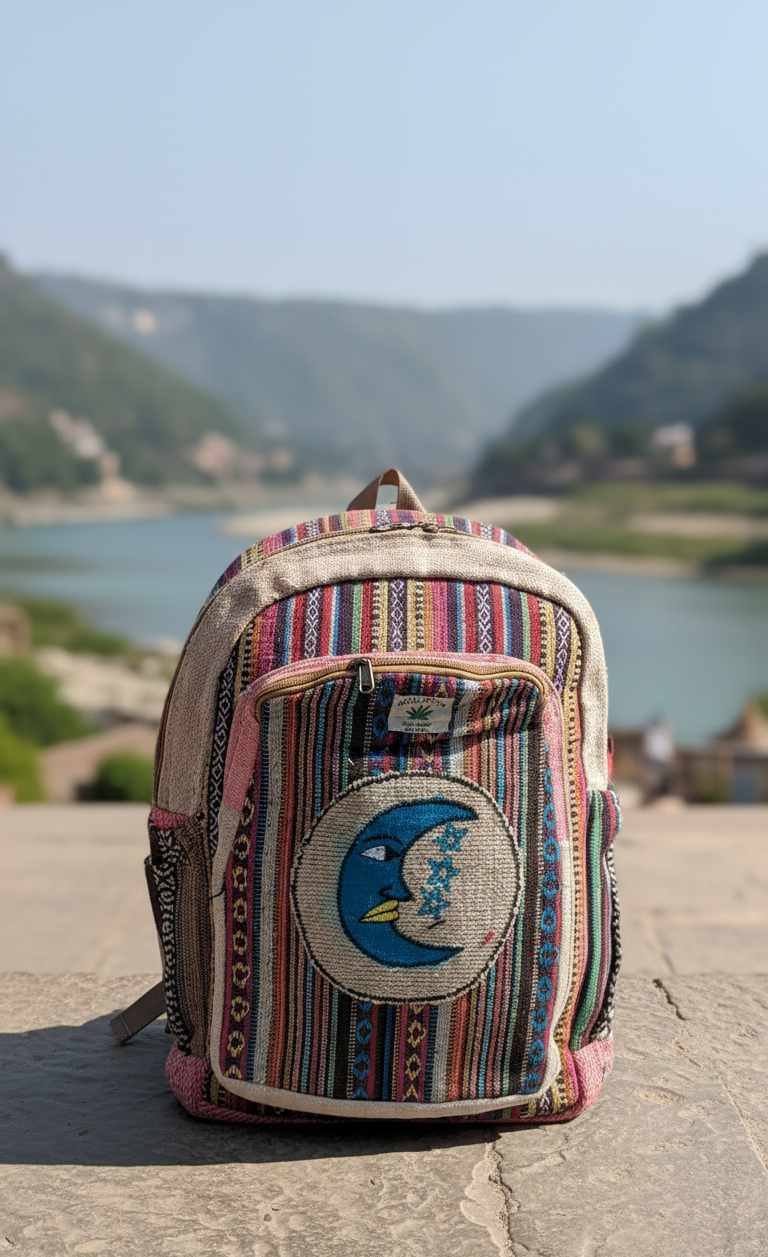 Mosaic Heritage Patchwork Bag – Indigo, Rust, & Charcoal Geometric Hemp